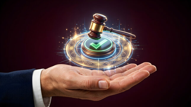 Legal, digital gavel and hand for justice, law services and compliance technology. Business man, check mark and icon in palms with trial, courtroom and hammer for security, authority or rights.