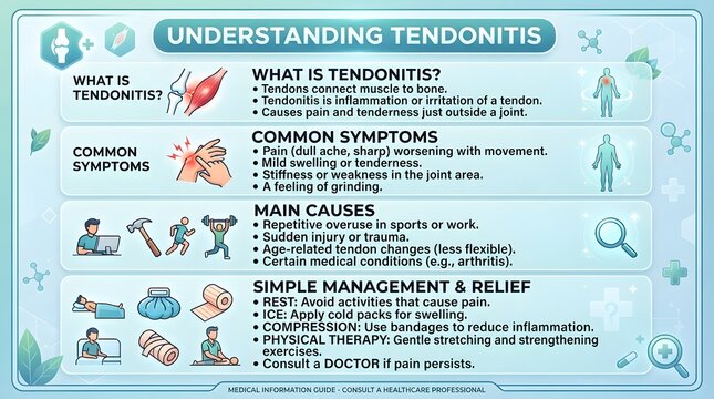 Understanding Tendonitis: what tendonitis is, common symptoms, causes, diagnosis, treatment, prevention, risk factors, lifestyle changes, tendon inflammation, and practical recovery care tips