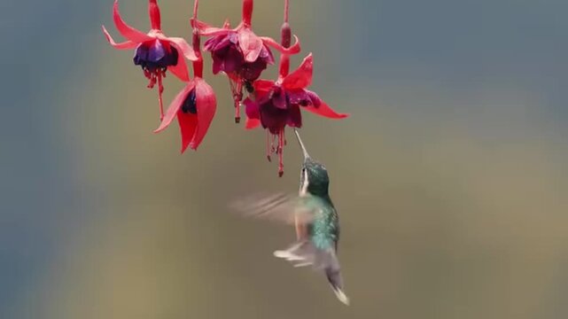 Hummingbird hovering and feeding on beautiful fuchsia flowers in the wild
