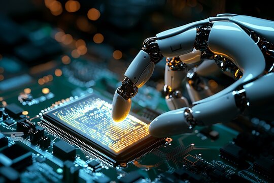 Blue motherboard microchip illuminated by robotic metallic finger high resolution picture