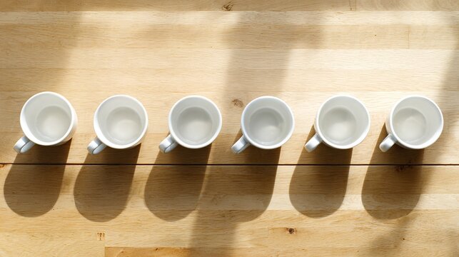 identical. Seven identical white ceramic teacups arranged on a long wooden table, top-down view. bar promotions, beverage menus, designed for food & beverage menus and cafe branding.