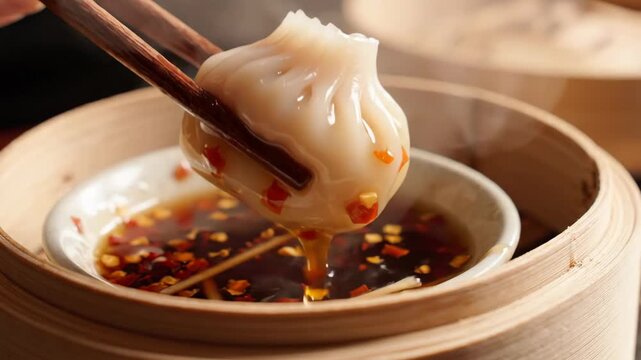 Close up of chopsticks dipping a steaming hot Xiao Long Bao soup dumpling into chili sauce