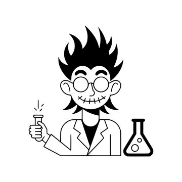 Mad scientist in lab coat with flask and beaker