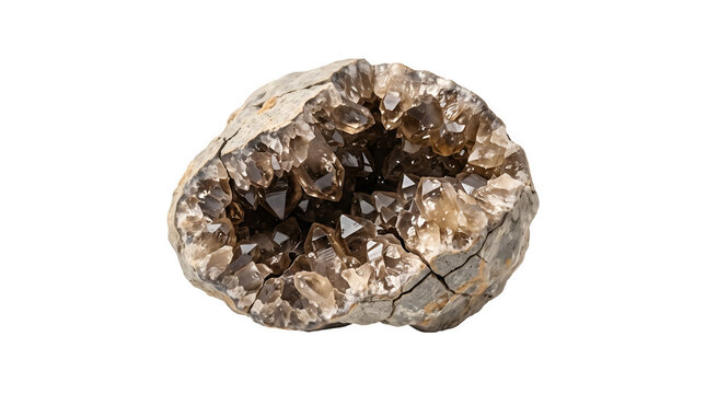 Brown Quartz Crystal Geode Split Open with Sparkling Crystal Cluster Isolated on White