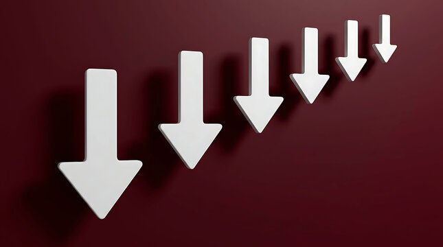 Decreasing trend white arrows showing decline on a dark red background