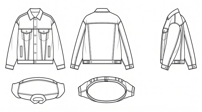 Denim Trucker Jacket Technical Flat Sketch Set Vector Illustration with Front Back Side Top and Bottom Views