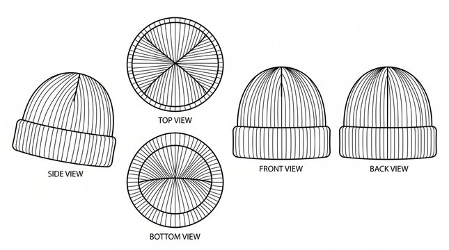 Knit Beanie Hat Technical Sketch Vector Illustration - Front, Back, Side, Top, and Bottom View Flat Template for Fashion Design