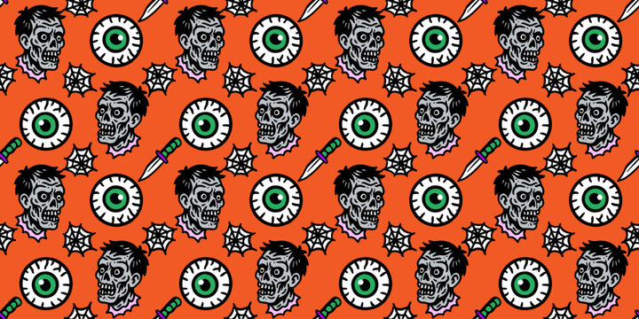 halloween pattern seamless vector background tombstone rip eyeball brain cauldron spooky scary horror creepy doodle orange death dead tomb zombie october trick or treat magic witch graveyard