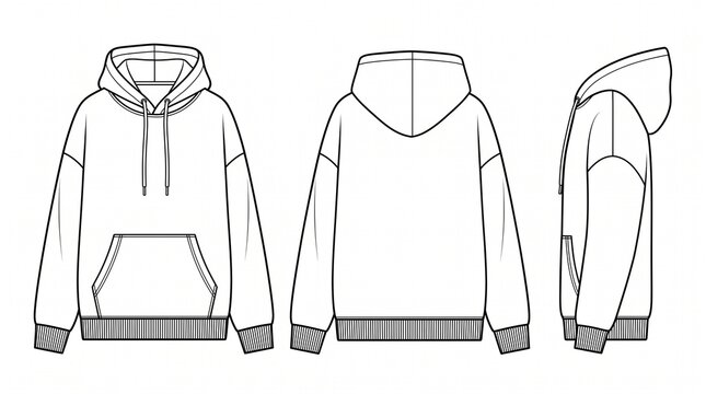 Oversized Hoodie Fashion Flat Sketch Vector Template - Front, Back and Side Views
