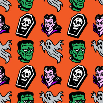 halloween pattern seamless vector background tombstone rip eyeball brain cauldron spooky scary horror creepy doodle orange death dead tomb zombie october trick or treat magic witch graveyard