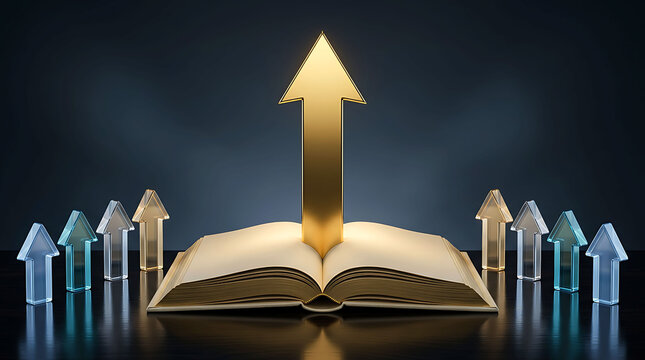 Open book with a large gold arrow pointing up surrounded by glowing arrows