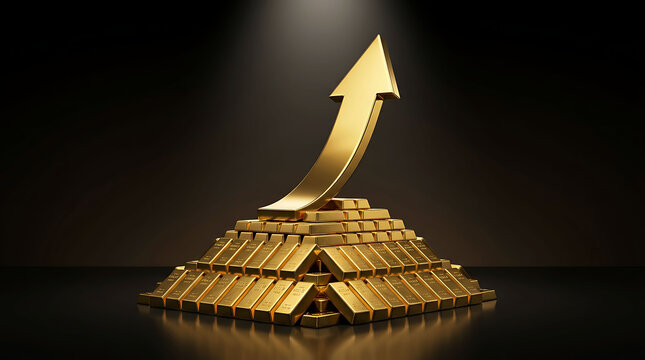 Golden arrow pointing upward over a large pyramid of solid gold bullion bars
