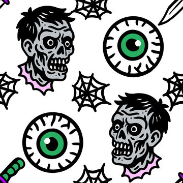 halloween pattern seamless vector background tombstone rip eyeball brain cauldron spooky scary horror creepy doodle orange death dead tomb zombie october trick or treat magic witch graveyard