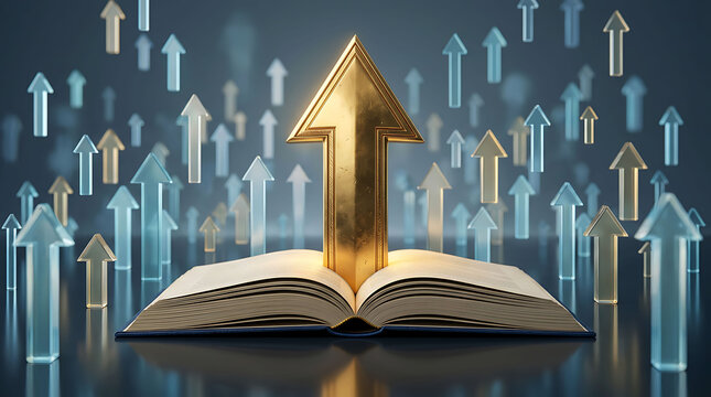 Large golden arrow rising upward from an open book representing knowledge growth