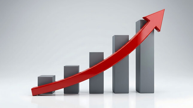 3D render of a growing bar chart with upward arrow representing financial success