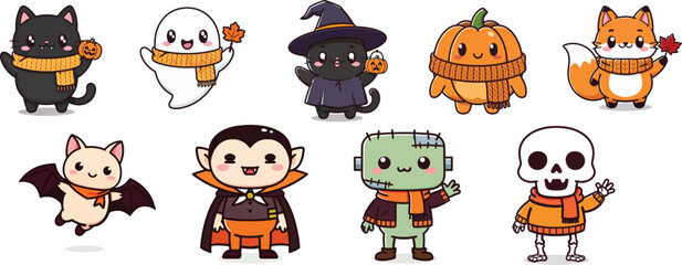 Obraz premium Halloween characters including cute cats, ghosts, pumpkins, and friendly monsters dressed in festive autumn sweaters and costumes.