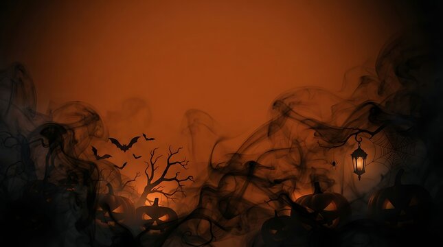 Halloween background with smoke, bats, pumpkins, and lantern in orange light