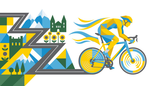French cycling championship vector illustration, cubist road bicycle racer in yellow kit with mountain switchbacks