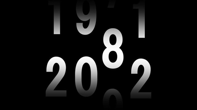 Animation showing year transition from 1950 to 2006 in analog clock style on isolated black background. Time-lapse speed. Happy new year eve number counter. 4K footage motion graphic white text. 