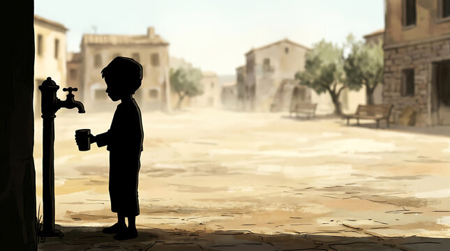 A silhouette of a child collecting water from a public fountain in a dry, sun-drenched village square