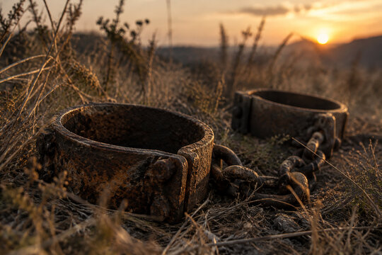 Heavy rusted iron shackles discarded in overgrown dry grass at sunset.