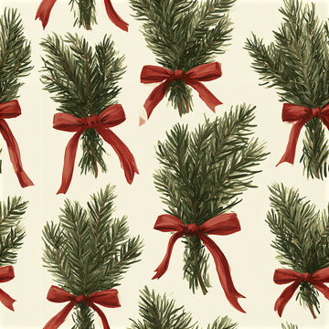 Rustic Christmas greenery seamless pattern with hand painted pine branches tied with red ribbon bows for festive decor
