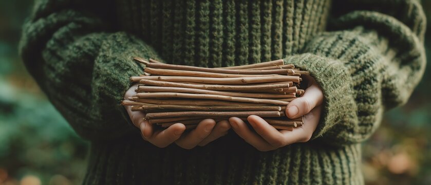 Person holding a bundle of sticks outdoors.
