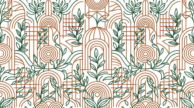 Seamless pattern with geometric arches and botanical leaf elements in minimalist line art style.
