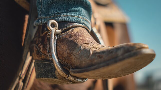 Detailed view of a cowboy boot with spur.