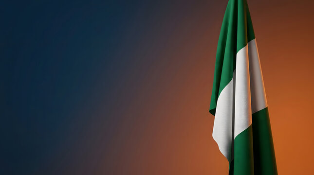 Nigeria flag, national and country symbol with copy space for news, politics and economy. Nigerian identity, government and celebration on dark background with cloth, textile and official banner.