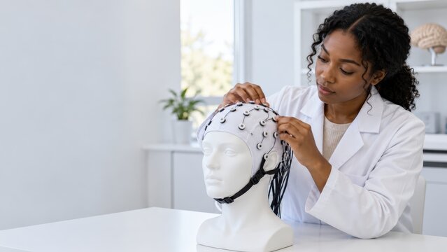 Professional scientist using eeg cap on medical mannequin head for neuroscientific brain research and diagnostics procedure