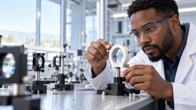Professional scientist conducting advanced optics research in modern physics laboratory with precision equipment
