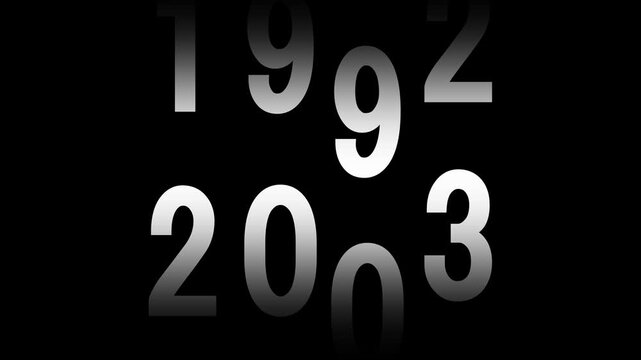 Fast time lapse speed timer showing years changing from 1950 to 2024 on dark background representing historical progress future transition decades passing rapid chronology visual animation time video.