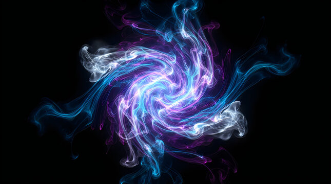 Abstract swirling vortex of blue and purple liquid light particles on black background with purple energy