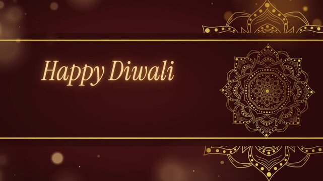 Diwali "happy " greeting text with golden mandala pattern and festive bokeh light particles background