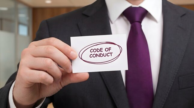 Businessman holding business card with code of conduct text for corporate ethics