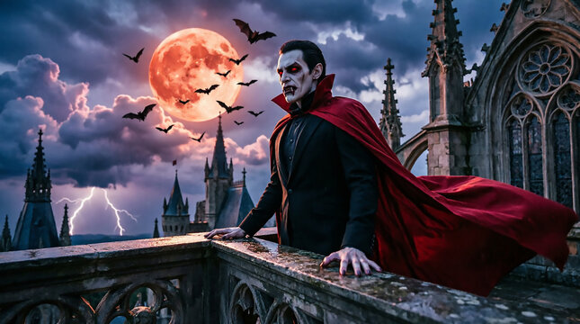 Vampire count in red cape stands on gothic balcony under blood moon with flying bats storm.