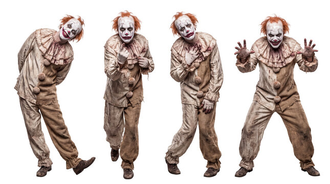 Four scary clowns in dirty costumes with white painted faces