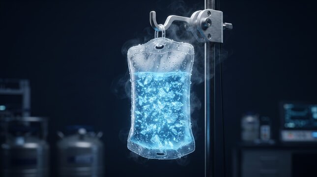 A bag of fluid with ice cubes hangs in a cryogenic laboratory, emitting steam.