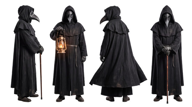 Four mysterious plague doctors in black cloaks and bird masks