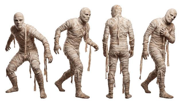 Scary mummy in bandages walking and standing on transparent background