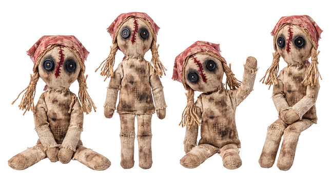 Four creepy voodoo rag dolls with button eyes and braided hair