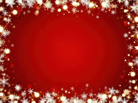 Red background with colorful holiday snowflakes border