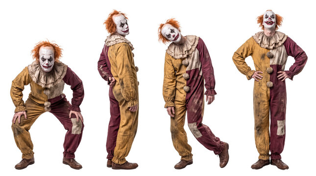 Evil clown in dirty costume posing in menacing positions
