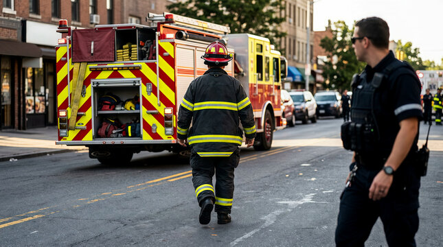 A firefighter in full gear walking toward a fire engine at emergency scene