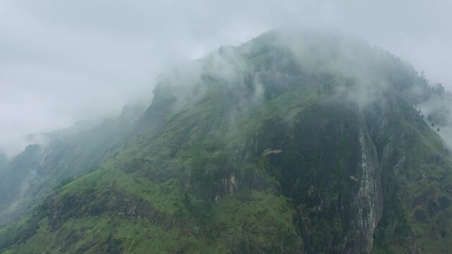 Misty Green Mountain Peak in Sri Lanka Aerial View