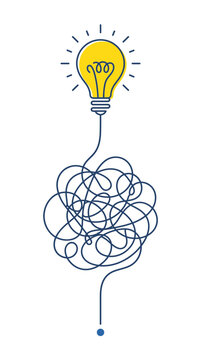 Yellow light bulb with a tangled messy line representing a complex problem being solved by a bright idea or creative solution in a flat vector illustration style