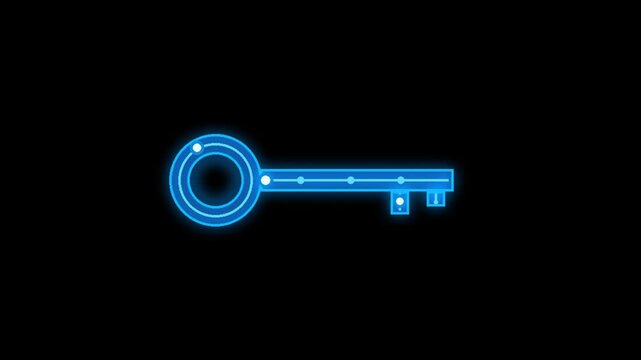 Blue Neon Digital Key Icon with Circuit Animation for Cybersecurity and Secure Access
