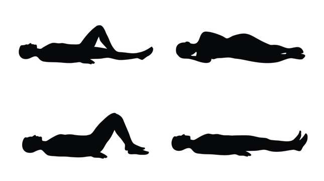 Set of black silhouette human figures lying down in different poses isolated on white background