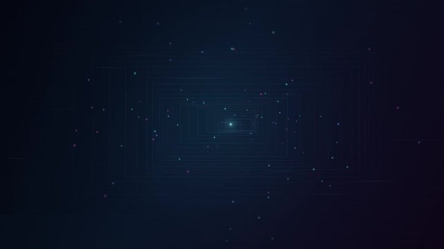 Abstract digital tunnel made of concentric squares and glowing particles in deep space